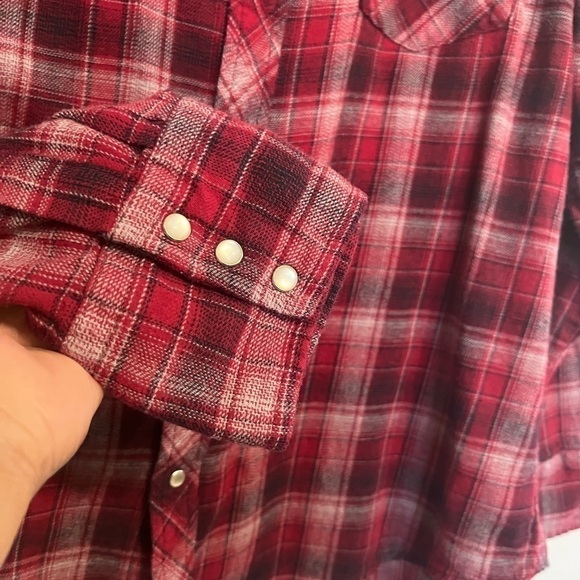 Wrangler ranch holiday grunge western red plaid button down cowboy shirt Large - Picture 6 of 7